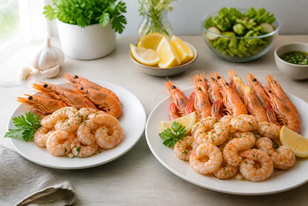 Portions de crevettes par personne, avec assiette d’entrée et plat principal accompagnés de citron et d’herbes fraîches