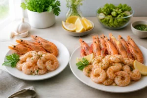 Portions de crevettes par personne, avec assiette d’entrée et plat principal accompagnés de citron et d’herbes fraîches