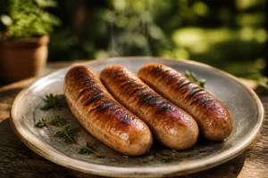 Trois saucisses grillées appétissantes dans une assiette pour calculer combien de saucisse par personne lors d'un barbecue.