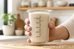 Main tenant un verre doseur rempli de riz blanc sec pour mesurer la portion par personne en cuisine.