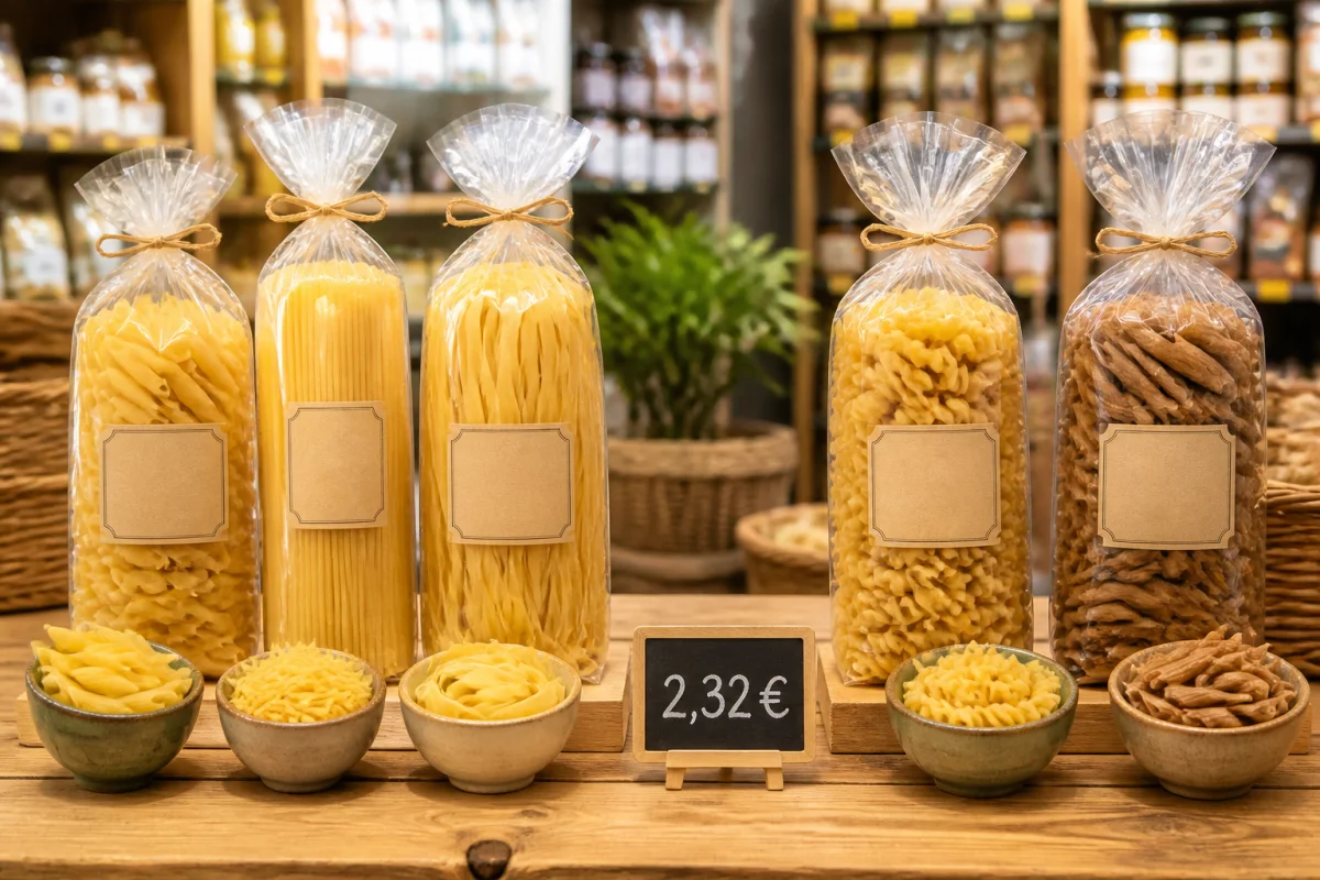 Comparatif visuel de pâtes De Cecco ou Rummo présentées en épicerie fine avec variétés et prix affiché