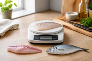 Filet de poisson cru sur une balance, accompagné d’un second filet et d’un poisson entier pour comparer les portions par personne