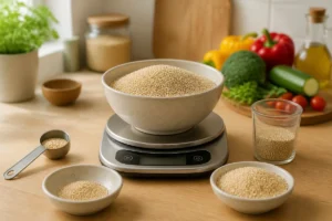 Quantité de quinoa par personne mesurée sur une balance, avec portions de 60 à 100 g dans une cuisine lumineuse.