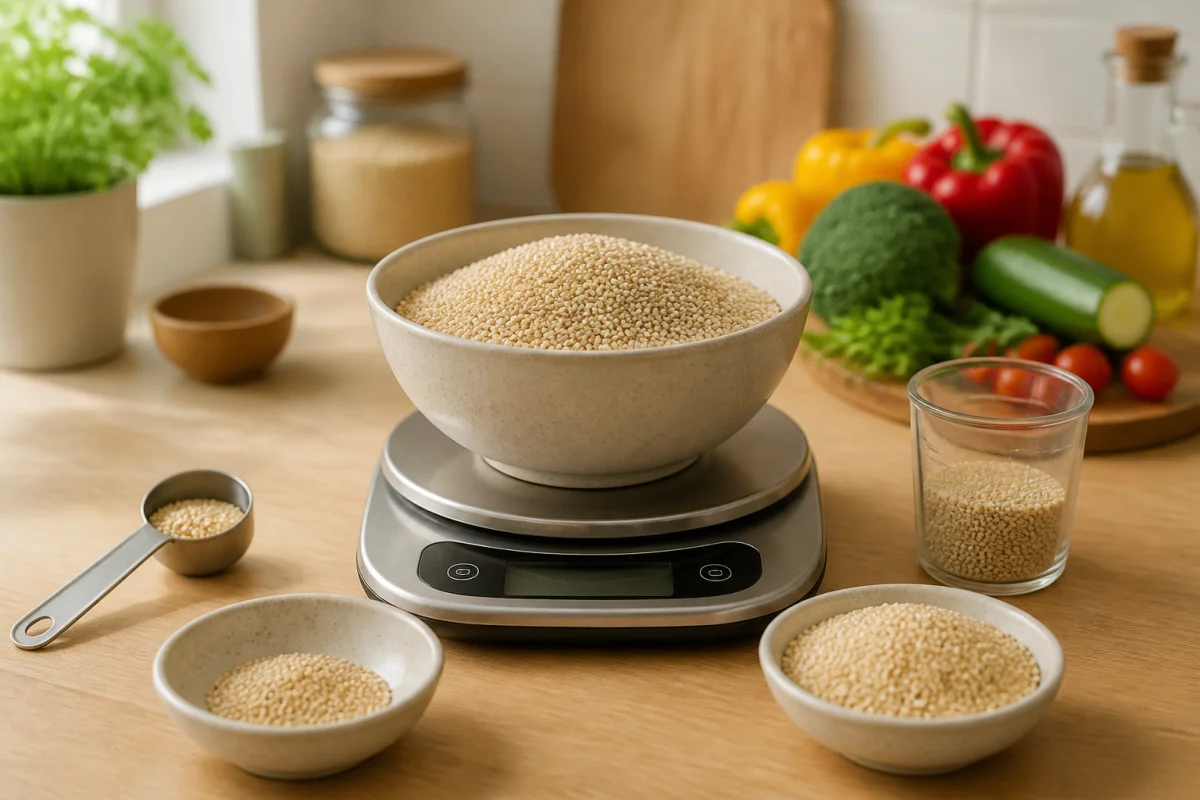 Quantité de quinoa par personne mesurée sur une balance, avec portions de 60 à 100 g dans une cuisine lumineuse.