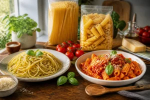 Comparatif Rummo vs Barilla illustré par deux plats de pâtes italiennes adaptés à différentes sauces