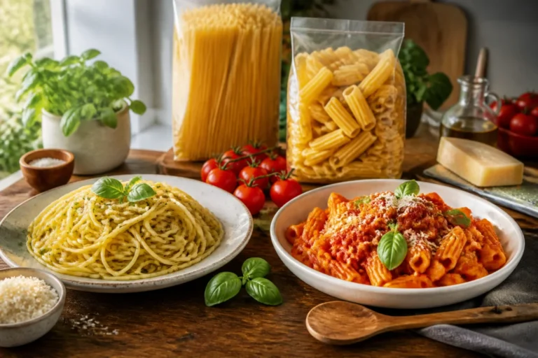 Comparatif Rummo vs Barilla illustré par deux plats de pâtes italiennes adaptés à différentes sauces