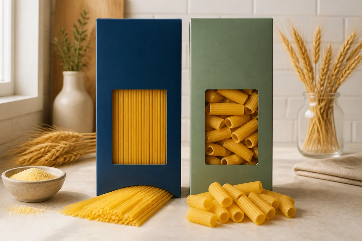 Comparatif Rummo vs Barilla : deux pâtes sèches au tréfilage bronze présentées côte à côte dans une cuisine lumineuse.