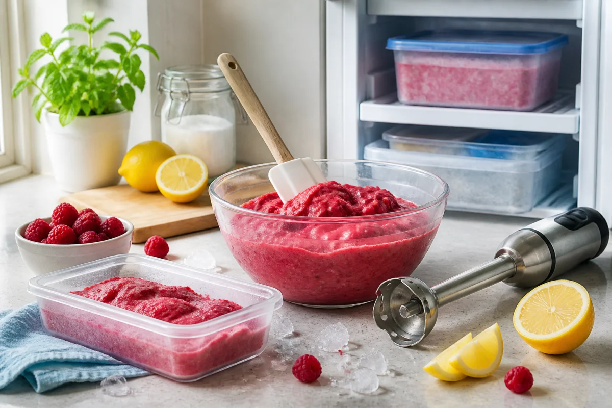 Préparation d’un sorbet sans sucre maison aux framboises et citron, avec mixeur plongeant et bac à congeler