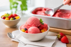 Sorbet sans sucre maison en boules, servi dans un bol avec fruits frais et bac réfrigéré en arrière-plan
