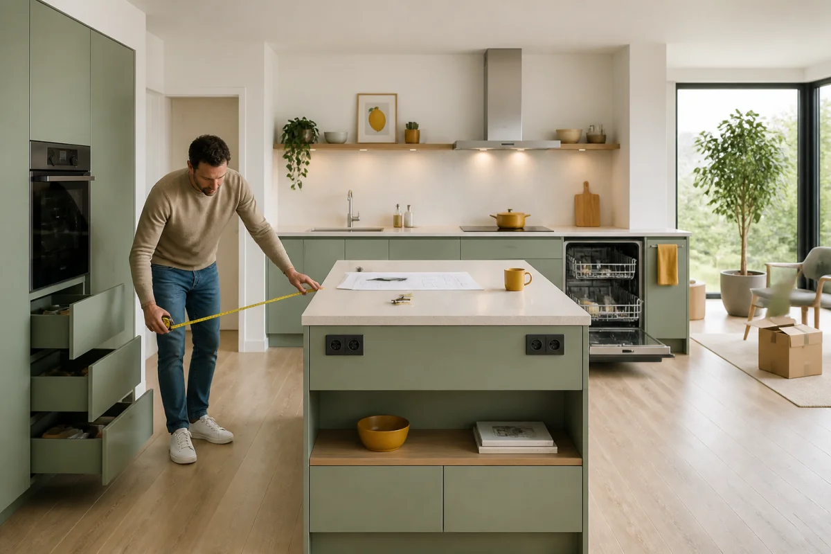 Aménager une maison neuve : cuisine contemporaine avec îlot central et mesure des zones de circulation
