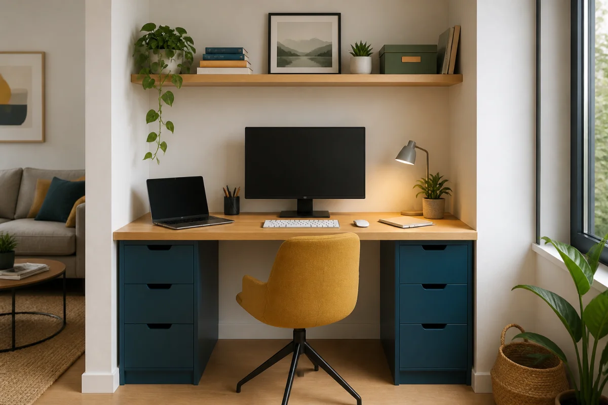 Bureau à domicile compact aménagé dans une niche, avec écran, rangements, lumière naturelle et siège moutarde.