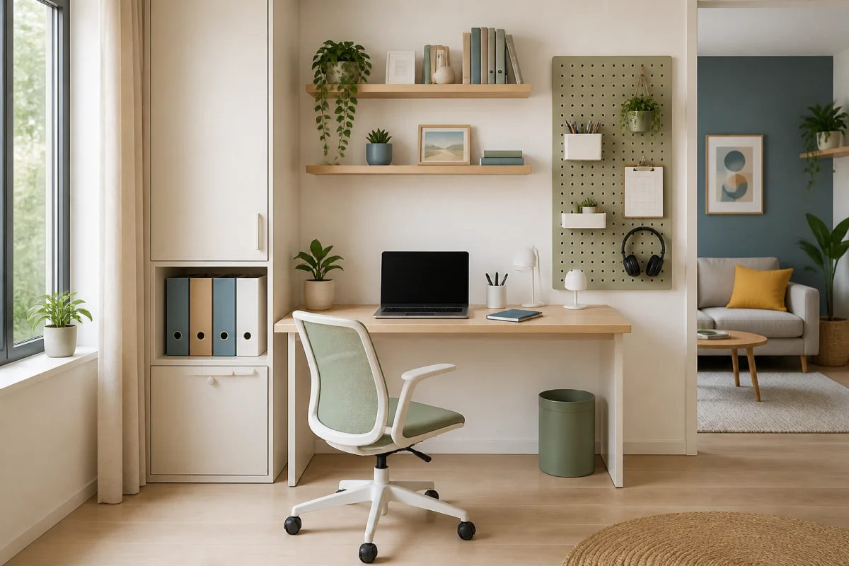 Bureau à domicile organisé avec ordinateur, rangements verticaux, panneau perforé et espace dégagé pour travailler sereinement