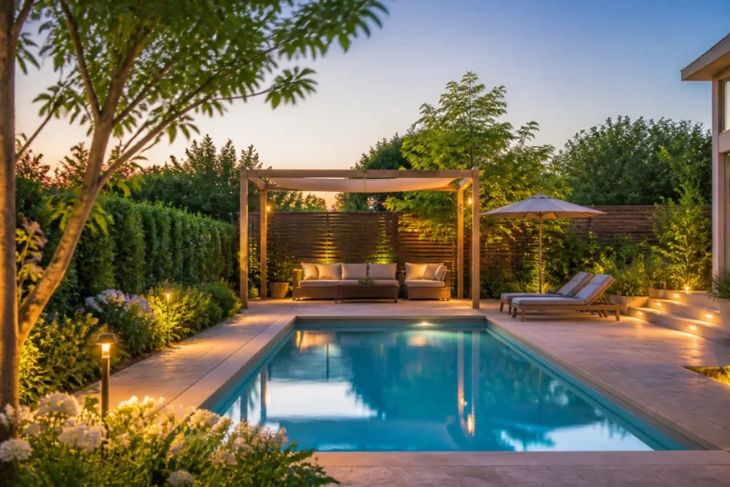 Coin piscine aménagé dans un jardin avec pergola ombragée, plantations intimistes, terrasse et éclairage chaleureux