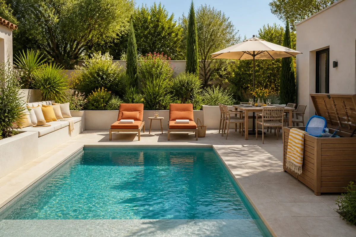 Coin piscine aménagé dans un jardin avec plage, bains de soleil, espace repas et rangement organisé