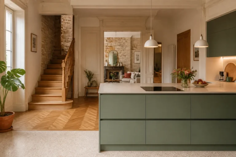 Cuisine contemporaine dans une maison ancienne, avec mur en pierre, parquet, moulures et escalier en bois préservés
