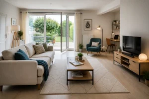 Séjour lumineux aménagé dans une maison neuve avec canapé, espace de travail et circulations dégagées