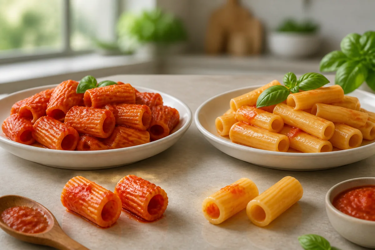 Comparaison Barilla vs Rummo : pâtes rugueuses et lisses avec sauce tomate, basilic et cuillère en bois en cuisine lumineuse