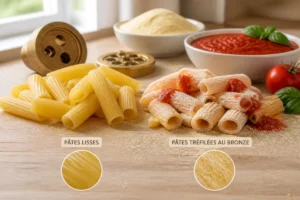 Barilla vs Rummo : comparaison de pâtes lisses et rugueuses dans une cuisine lumineuse et contemporaine
