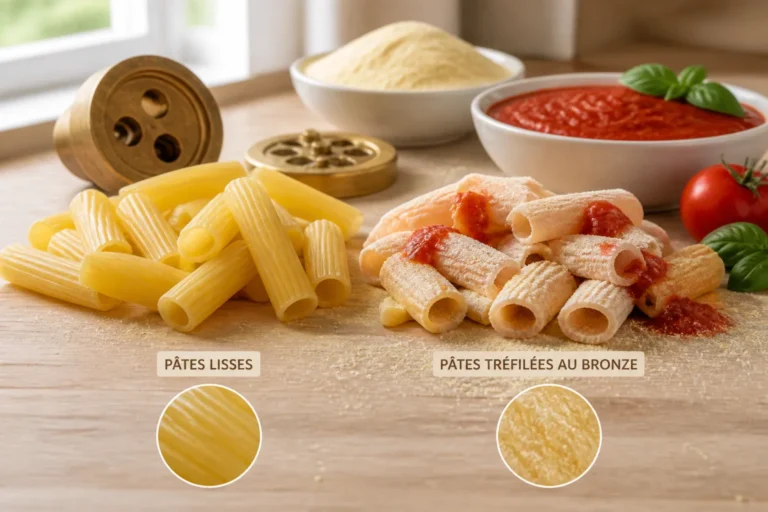 Barilla vs Rummo : comparaison de pâtes lisses et rugueuses dans une cuisine lumineuse et contemporaine