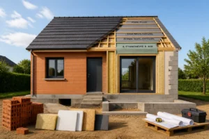Maison individuelle en construction, avec fondations, maçonnerie, toiture et isolation visibles, pour maîtriser le budget construction