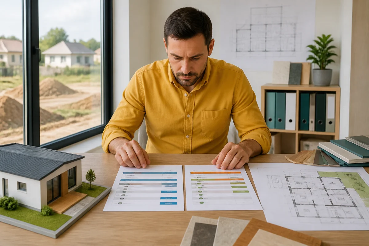 Propriétaire comparant deux devis de construction et une maquette pour préparer son budget construction maison
