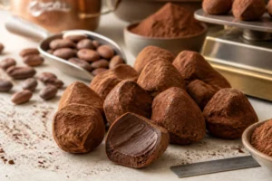 Assortiment de chocolats d’appellation truffes irréguliers, enrobés de cacao, dont une truffe coupée révèle une ganache onctueuse.