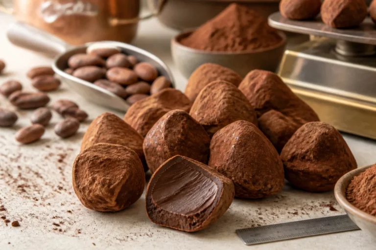 Assortiment de chocolats d’appellation truffes irréguliers, enrobés de cacao, dont une truffe coupée révèle une ganache onctueuse.