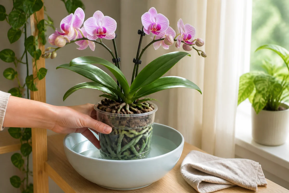 Entretenir les orchidées en intérieur : arrosage par immersion d’un pot transparent aux racines visibles