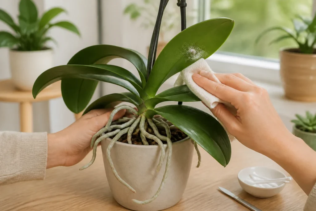 Entretenir les orchidées en intérieur avec un nettoyage délicat des feuilles et une surveillance des racines aériennes