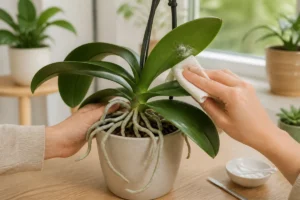 Entretenir les orchidées en intérieur avec un nettoyage délicat des feuilles et une surveillance des racines aériennes
