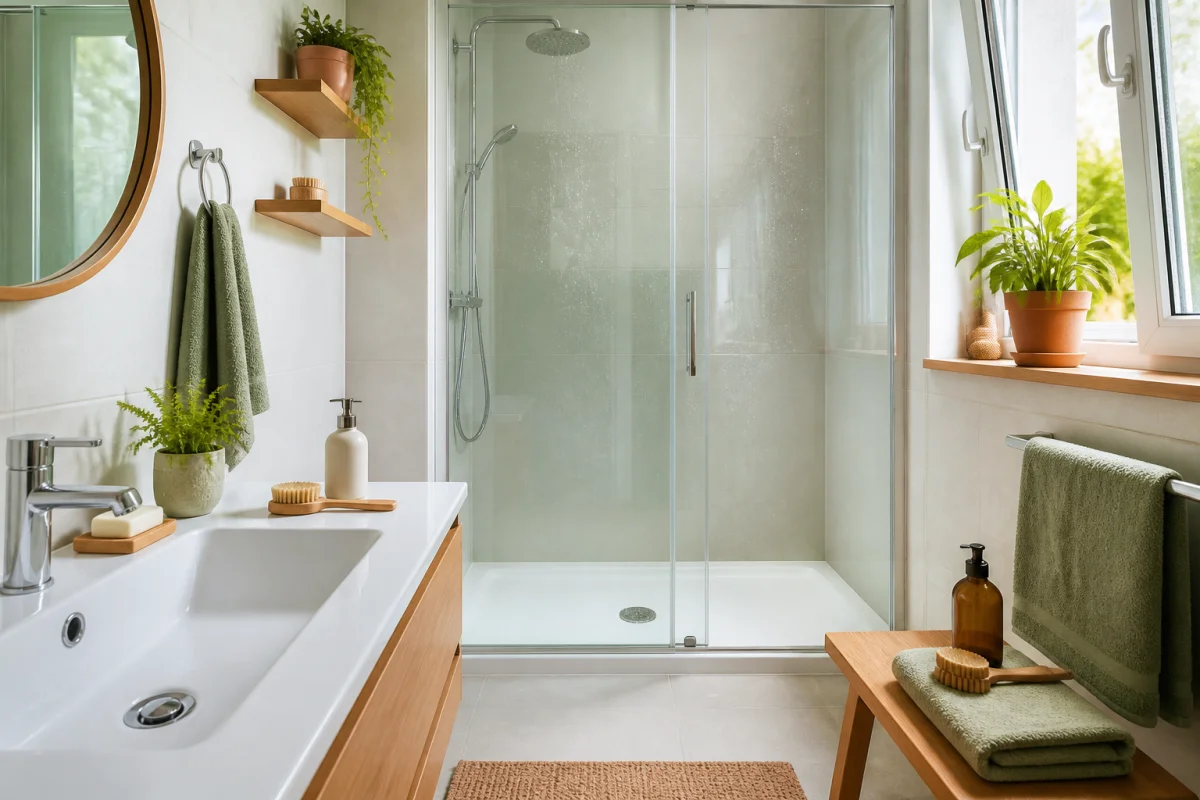 Salle de bain propre et durablement entretenue, avec douche vitrée, lavabo, joints nets et accessoires écologiques en bois naturel