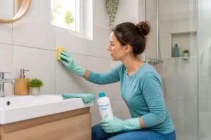 Personne nettoyant délicatement les joints de salle de bain avec une éponge non abrasive et un nettoyant doux