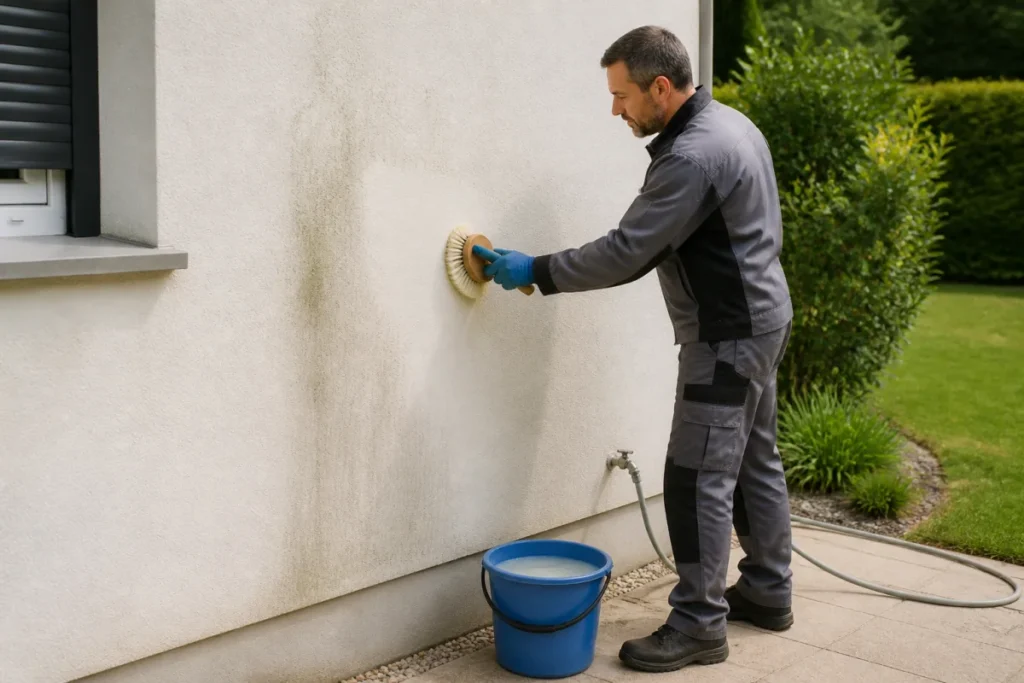 Entretien des murs extérieurs de la maison avec brosse souple, eau claire et nettoyage délicat de la façade enduite