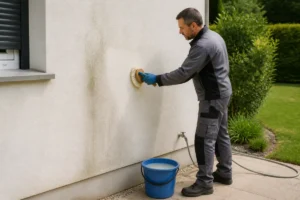 Entretien des murs extérieurs de la maison avec brosse souple, eau claire et nettoyage délicat de la façade enduite