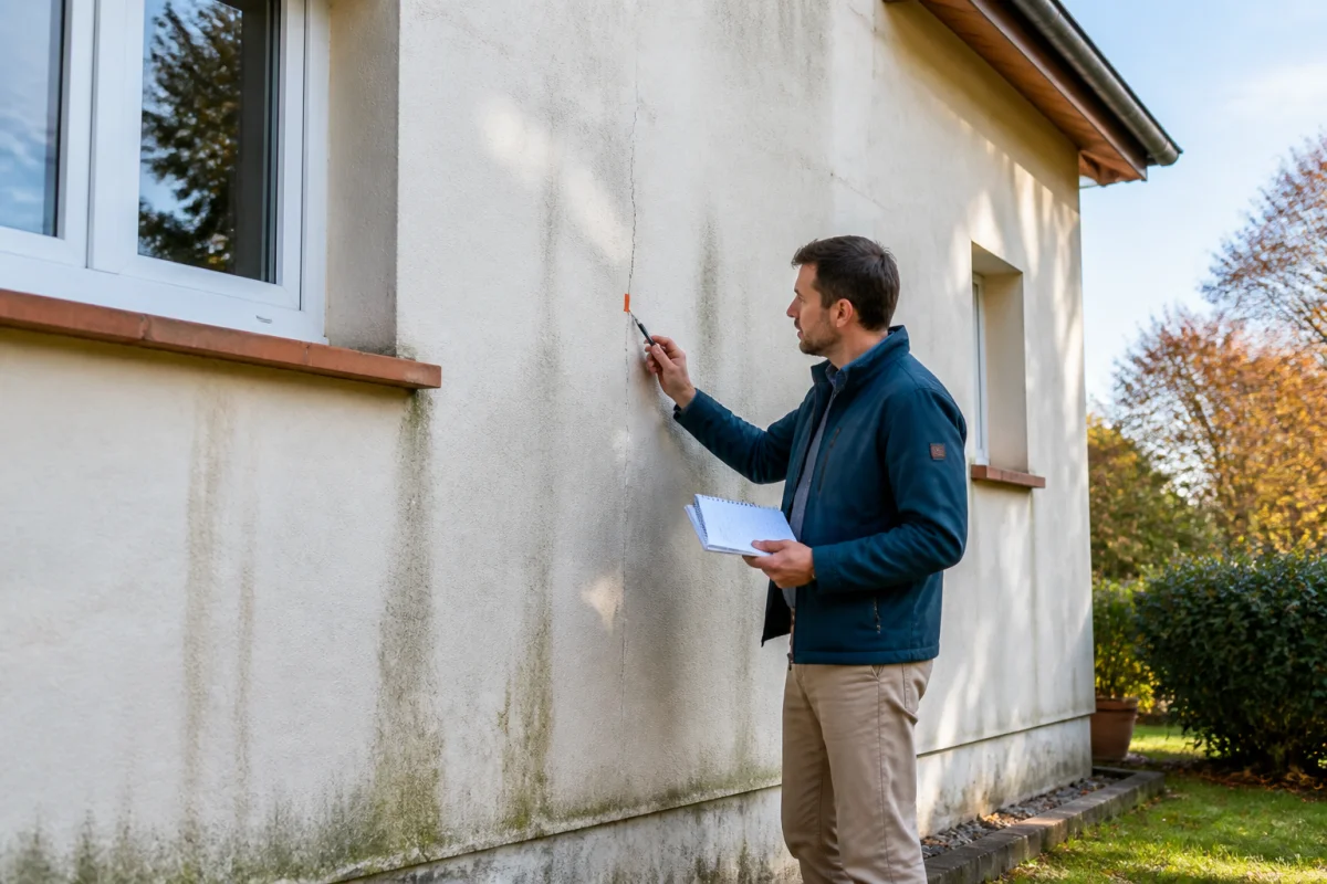 Entretien des murs extérieurs de la maison : propriétaire repérant coulures, dépôts verts et fissures sur la façade