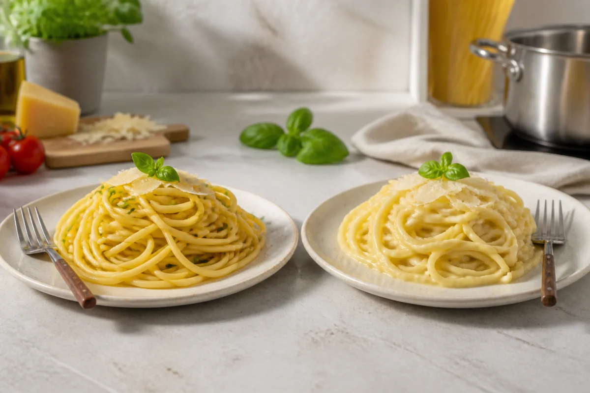 Garofalo vs Rummo : comparaison de pâtes al dente et surcuites dans deux assiettes côte à côte