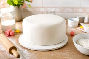 Gâteau rond recouvert de pâte à sucre blanche sans glucose, préparé maison avec rouleau et ingrédients en cuisine lumineuse