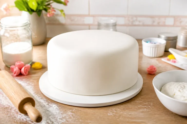 Gâteau rond recouvert de pâte à sucre blanche sans glucose, préparé maison avec rouleau et ingrédients en cuisine lumineuse