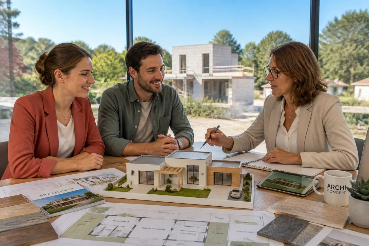Maisons Serge Olivier : couple échangeant avec une architecte autour des plans et de la maquette d’une maison neuve
