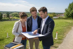 Couple échangeant avec un conseiller Maisons Serge Olivier sur un terrain constructible pour leur future maison neuve