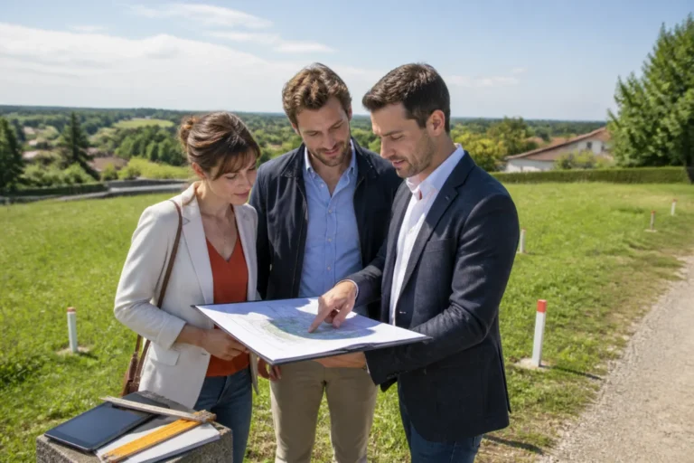 Couple échangeant avec un conseiller Maisons Serge Olivier sur un terrain constructible pour leur future maison neuve