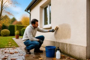 Propriétaire nettoyant délicatement une façade à la brosse douce avant l’hiver, avec zone test, seau et outils d’entretien