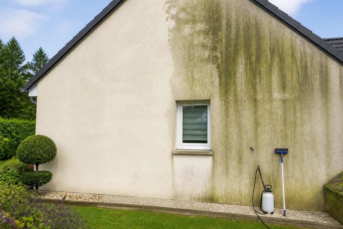 Nettoyage de façade maison : mur en crépi traité contre la mousse, avec zone nettoyée et outils d’entretien dans le jardin.