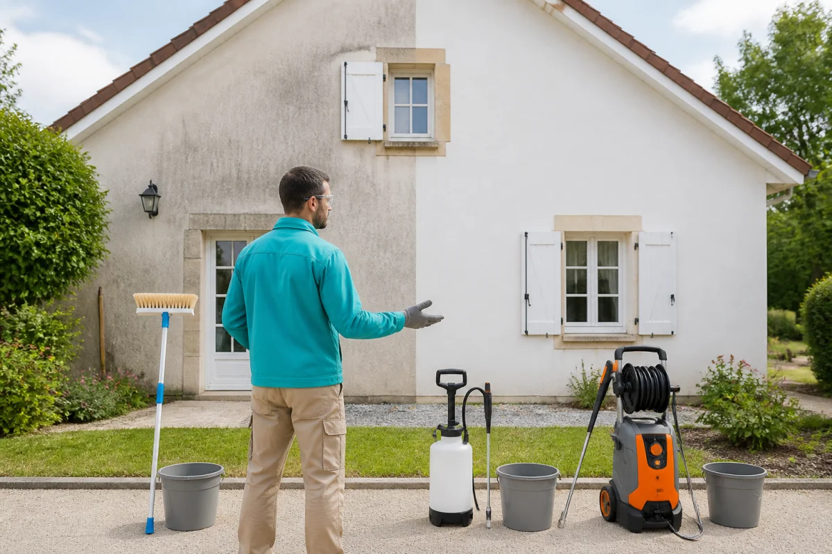 Nettoyage de façade maison avec professionnel utilisant brosse douce, pulvérisateur basse pression et eau maîtrisée