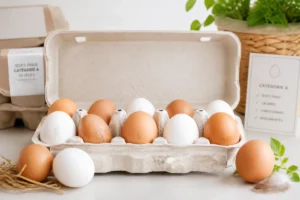 Œufs frais de catégorie A aux coquilles intactes, présentés dans une boîte en carton neutre et propre