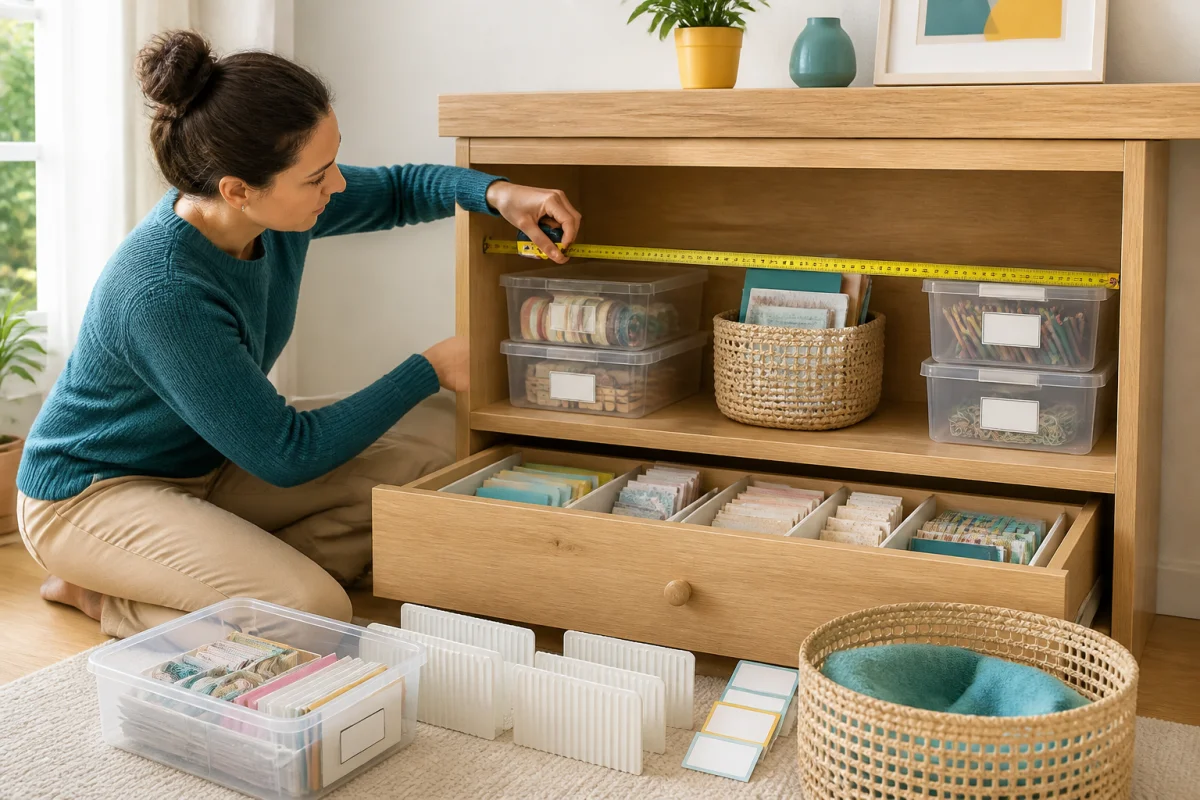Organisation rangement maison avec mesure d’un meuble, boîtes, séparateurs, panier et étiquettes adaptés
