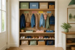 Placard d’entrée organisé en trois niveaux pour optimiser l’organisation et le rangement de la maison