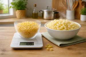 100 g de coquillettes crues pesées sur une balance face à un bol de coquillettes cuites généreusement servi