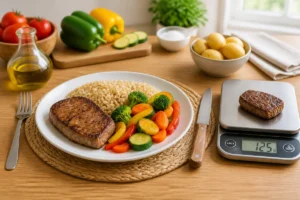 Assiette équilibrée avec 100 à 150 g de viande cuite, légumes colorés, féculent et balance de cuisine indiquant une portion individuelle
