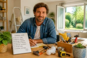 Préparer sa maison pour l’été avec liste de tâches, outils et accessoires d’entretien dans une pièce lumineuse.